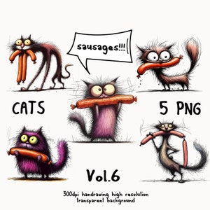 Whimsical collection of cats illustrations, PNG bundle. Characters in a playful, cartoonish style, transparent background.