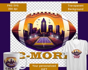 Charm City Baltimore city skyline art PNG B-More football gameday weekends poster, city silhouette, DTF print for t-shirts, mugs, pillows