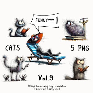 Handgezeichnete lustige Katze Clipart Bundle - schrullig Comic-Katzen in amüsante Situationen PNG, hochauflösende transparenten Hintergrund, digitaler Download