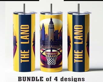 The Land Cleveland city and ball PNG template tumbler wrap 20oz. Basketball sport fan PNG sublimation ready for sport fun. Personalized gift
