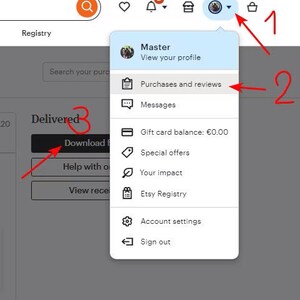 May include: A screenshot of an Etsy account menu with options to view purchases and reviews, messages, gift card balance, special offers, your impact, Etsy Registry, account settings, and sign out.