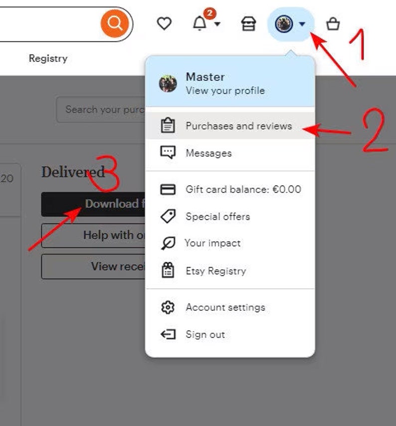 May include: A screenshot of an Etsy account menu with options to view purchases and reviews, messages, gift card balance, special offers, your impact, Etsy Registry, account settings, and sign out.