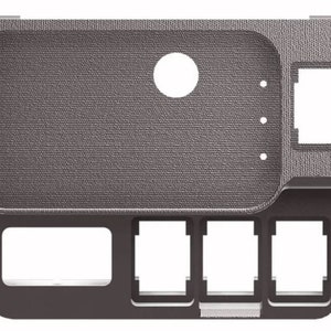 May include: A dark grey plastic panel with multiple rectangular cutouts and a round hole. The panel has a textured surface.