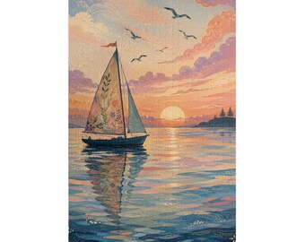 Floral Sailboat Sunset Jigsaw Puzzle | Pastel Coastal Cottagecore Art