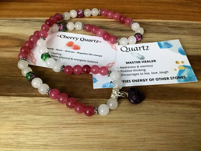 Ruby zoisite clear quartz 3x wrap bracelet cherry quartz