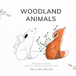Waldtiere Clipart, süßer Fuchs, Bär, Reh, Kaninchen, Eichhörnchen, Maus, Schnecke, Igel PNG, Line Art Tiere SVG, Floral Clipart, Muster
