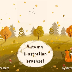 May include: Autumn illustration brush set for Procreate by Jenteva Art. The image shows a digital illustration of a forest scene with a fox, mushrooms, and falling leaves. The text "Autumn illustration brushset" is written in a white circle.