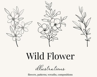 Wildblumen Line Art Clipart: Botanische Illustrationen, Waldtiere, Muster (AI, EPS, PNG, digitaler Download)