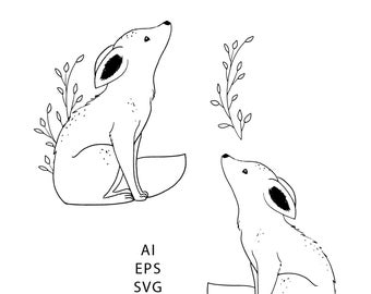 Line art Fox svg, Floral svg, cute fox clipart - EPS, SVG, PNG - Commercial use