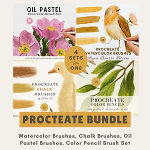Puede incluir: Un paquete digital de Procreate que incluye cuatro conjuntos de pinceles, con herramientas para pastel al óleo, acuarela, tiza y lápices de colores. La imagen muestra ilustraciones de flores rosas, un pájaro, un pato y hojas verdes con etiquetas.