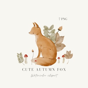 Aquarel schattige vos clipart, aquarel herfstbladeren & paddestoel PNG, schattige herfst compositie, handgetekende bos dieren clipart