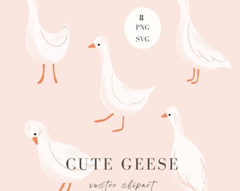 Set of Cute Geese, Goose SVG, Goose Clipart PNG, Cute Birds PNG, Adorable Vector Geese Illustration, White Duck Clipart, Vector Illustration