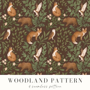 Modèles sans couture animaux de la forêt, papier numérique avec renard, ours, hibou PNG, motif forêt PNG, sublimation pour tissu, clipart dessinés à la main