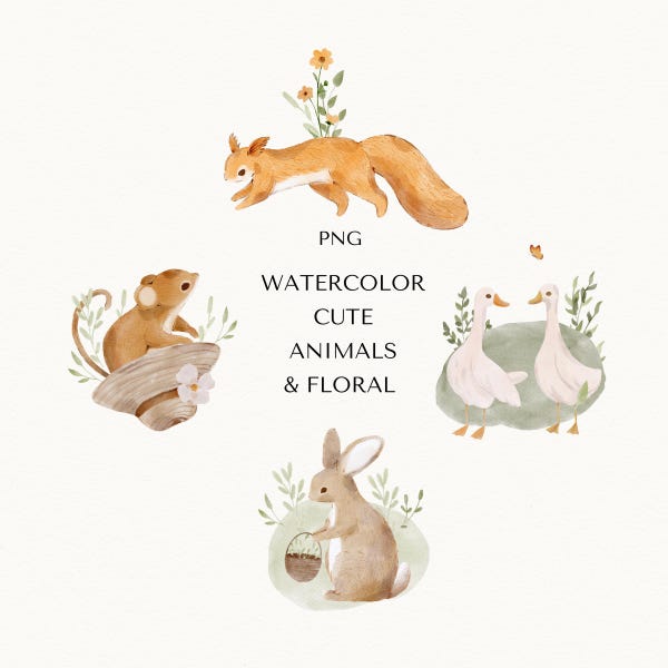 Watercolor Animals Clipart: Floral, Mouse, Squirrel, Goose, Bunny (PNG Digital Download)