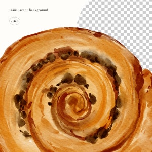 May include: A watercolor painting of a cinnamon roll with brown sugar and cinnamon swirls. The roll is painted in shades of brown and orange.