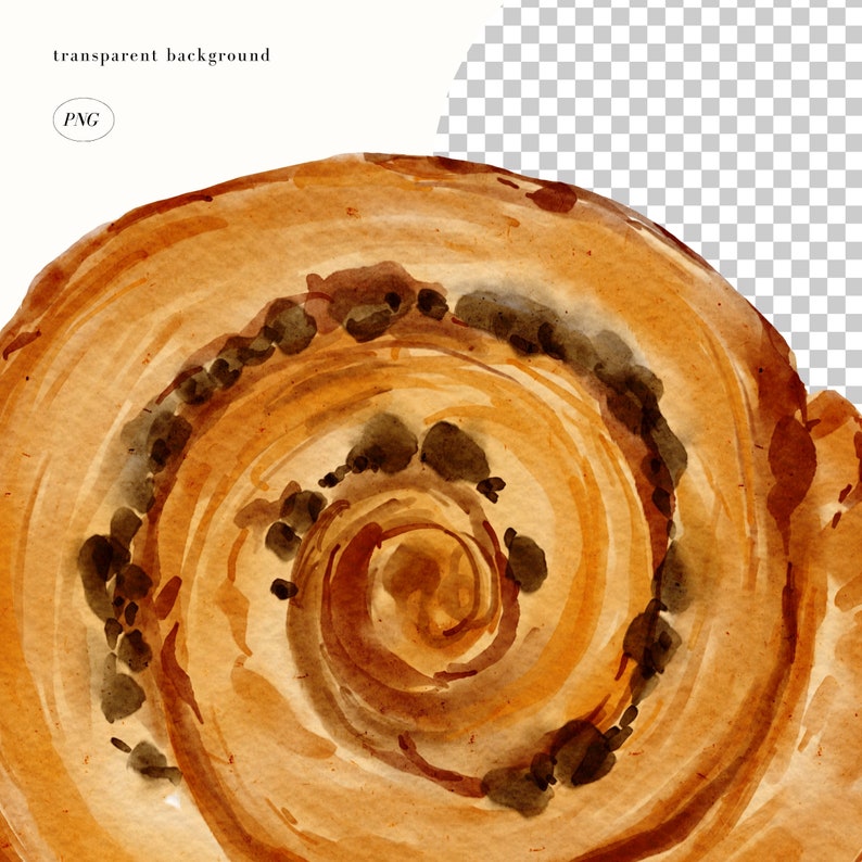 May include: A watercolor painting of a cinnamon roll with brown sugar and cinnamon swirls. The roll is painted in shades of brown and orange.