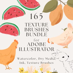 May include: A digital art graphic with the text "165 Texture Brushes Bundle for Adobe Illustrator." The image features illustrations of watermelon slices, chickens, lemons, and a deer. The text also mentions watercolor, dry media, and ink brushes.