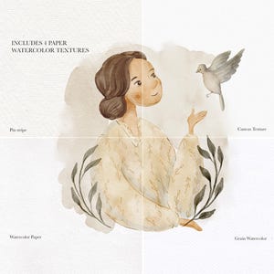 Pode incluir: Uma ilustra&ccedil;&atilde;o em aquarela de uma mulher com cabelo castanho e um vestido branco com padr&otilde;es florais, olhando para uma pomba branca com as asas abertas. O fundo &eacute; uma aquarela suave com folhas verdes.