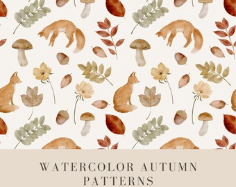 Watercolor Autumn Woodland Patterns: Fox, Hedgehog, Leaves PNG (Digital Download)
