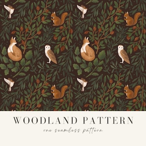 Motifs sans couture des bois, papier numérique avec renard, écureuil, hibou PNG, motif forêt PNG, sublimation pour tissu, clipart Animal dessiné à la main