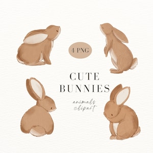 May include: Four digital illustrations of cute brown bunnies in various poses. The bunnies are drawn in a watercolor style with soft, fuzzy details. The text "4 PNG" and "Cute Bunnies" is included in the image.