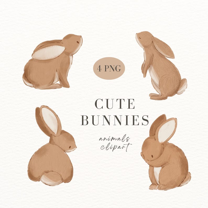 May include: Four digital illustrations of cute brown bunnies in various poses. The bunnies are drawn in a watercolor style with soft, fuzzy details. The text "4 PNG" and "Cute Bunnies" is included in the image.