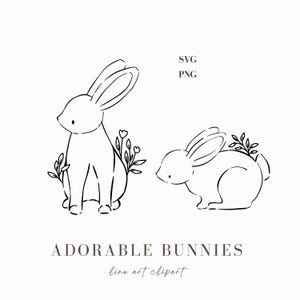 Dessin au trait lapin SVG, lapins mignons et SVG floral, adorables lapins contour, Clipart floral, animaux mignons PNG, Illustrations de lapin dessinés à la main