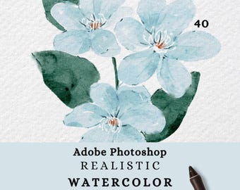 Realistic Watercolor Photoshop Brushes: Digital Art Brush Set, Canvas Textures (40 Brushes, ABR, PSD)