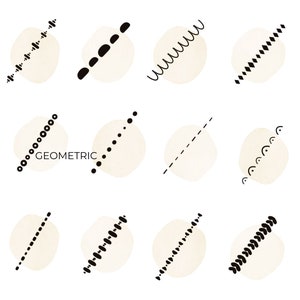 May include: A set of 18 black and white geometric designs on a beige background. Each design is a different pattern of lines, dots, or dashes.
