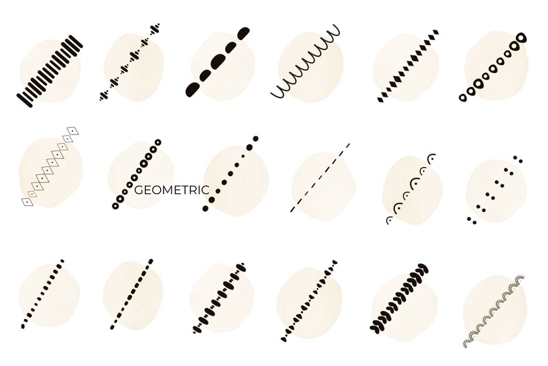 May include: A set of 18 black and white geometric designs on a beige background. Each design is a different pattern of lines, dots, or dashes.