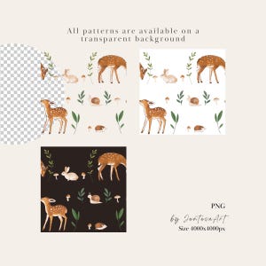 K&ouml;nnte beinhalten: Eine digitale Musterdatei mit Aquarellillustrationen von Hirschen, Kaninchen, Schnecken und Pilzen mit gr&uuml;nem Blattwerk. Der Text lautet All patterns are available on a transparent background, PNG, by JentevaArt und Size 4000x4000px.