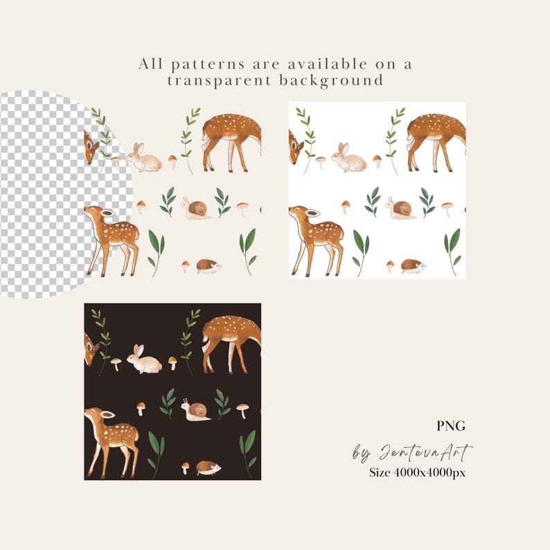 K&ouml;nnte beinhalten: Eine digitale Musterdatei mit Aquarellillustrationen von Hirschen, Kaninchen, Schnecken und Pilzen mit gr&uuml;nem Blattwerk. Der Text lautet All patterns are available on a transparent background, PNG, by JentevaArt und Size 4000x4000px.