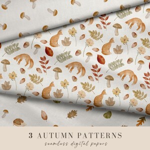 3 modèles sans couture automne forêt, motif avec des feuilles d'automne, renard, hérisson et champignon PNG, motifs automne forêt, clipart automne