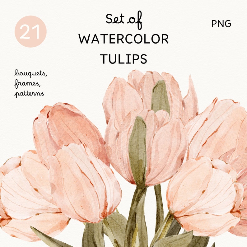 Puede incluir: Un conjunto de 21 ilustraciones de acuarela de tulipanes rosas. Los tulipanes est&aacute;n dispuestos en un ramo y tienen tallos y hojas verdes. Las ilustraciones son perfectas para crear dise&ntilde;os florales, patrones y marcos.