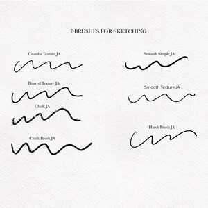 Pode incluir: Sete tra&ccedil;os de pincel diferentes para esbo&ccedil;ar, etiquetados com seus nomes: Crumbs Texture JA, Blurred Texture JA, Chalk JA, Chalk Brush JA, Smooth Simple JA, Smooth Texture JA e Harsh Brush JA.