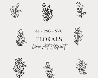 May include: Set of 7 black and white line art floral illustrations. The illustrations feature various types of flowers and leaves. The text "45 - PNG - SVG FLORALS Line Art Clipart" is included in the image.