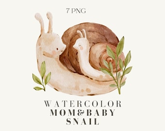 Watercolor Mom & Baby Snail Clipart, Hand-Drawing  Woodland PNG, Forest Animal Floral Set