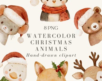 Christmas Watercolor Woodland Animals Clipart: Hand-Painted Holiday Fox Mouse Bunny Bear PNG Set, Christmas Winter Digital Download
