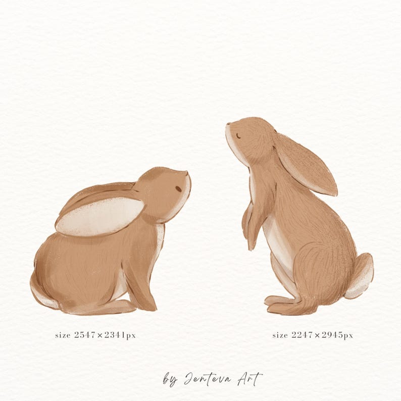 May include: Two brown rabbits, one sitting and one standing, are depicted in a watercolor style. The rabbits are facing each other, with the standing rabbit looking up.