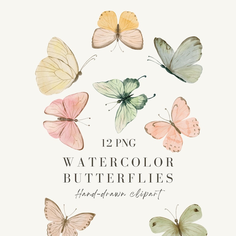 Puede incluir: Ilustraciones de acuarela de mariposas en varios colores, incluyendo amarillo, rosa y verde. La imagen incluye el texto "12 PNG WATERCOLOR BUTTERFLIES Hand-drawn clipart."