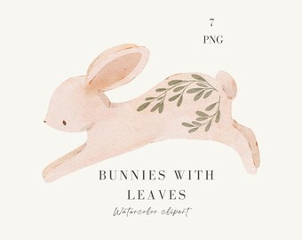 Clipart floral de conejito en acuarela: Conejo dibujado a mano PNG para decoración de habitación infantil (300 dpi, descarga digital)