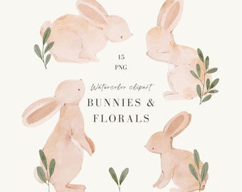 Clipart de conejito de acuarela: Conejos florales dibujados a mano (PNG)