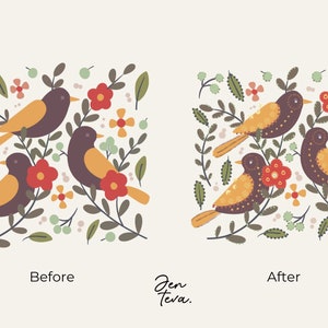 May include: A digital illustration of a before and after image showing how to digitally remove the background from a pattern of birds and flowers. The before image shows a busy pattern of birds and flowers on a white background. The after image shows the same pattern with a transparent background.