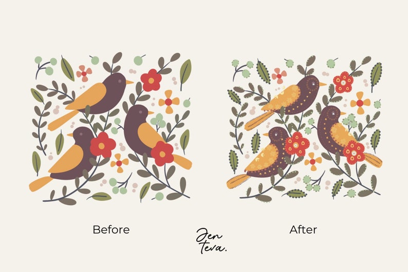 May include: A digital illustration of a before and after image showing how to digitally remove the background from a pattern of birds and flowers. The before image shows a busy pattern of birds and flowers on a white background. The after image shows the same pattern with a transparent background.