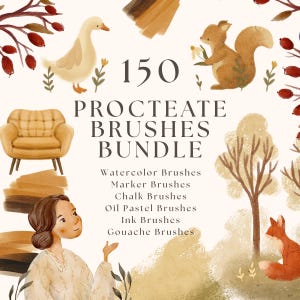 May include: A digital graphic featuring the text 150 PROCTEATE BRUSHES BUNDLE, Watercolor Brushes, Marker Brushes, Chalk Brushes, Oil Pastel Brushes, Ink Brushes, Gouache Brushes, with watercolor illustrations of a duck, squirrel, fox, and chair.