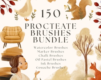 Procreate Brushes Bundle: Chalk, Watercolor, Gouache, Ink, Marker, Graphite Pencil, Oil Pastel Brush Set  (150 brushes, Digital Download)
