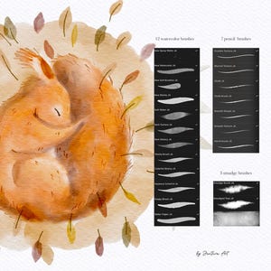 Pode incluir: Uma ilustra&ccedil;&atilde;o de aquarela de um esquilo enroscado em um ninho de folhas. A imagem inclui 12 pinc&eacute;is de aquarela, 7 pinc&eacute;is de l&aacute;pis e 3 pinc&eacute;is de esfuma&ccedil;ar. O texto "by Jentera Art" est&aacute; na parte inferior da imagem.