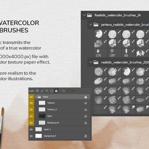 40 pinceles de acuarela realistas de Photoshop, 4 papel de lienzo de acuarela para Adobe Photoshop, pinceles de Photoshop, pinceles de acuarela PS imagen 4