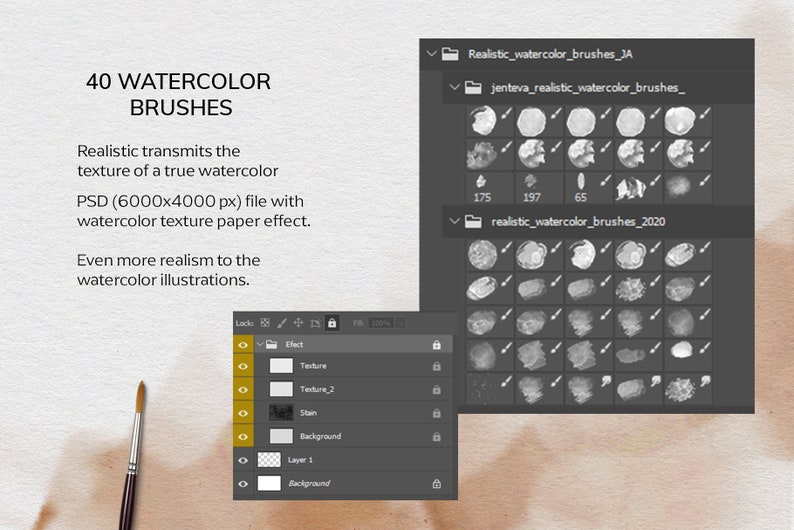 40 pinceles de acuarela realistas de Photoshop, 4 papel de lienzo de acuarela para Adobe Photoshop, pinceles de Photoshop, pinceles de acuarela PS imagen 4