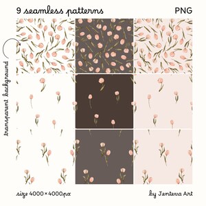 Puede incluir: Nueve patrones sin costuras con tulipanes rosas de acuarela sobre fondos blanco, rosa claro y marr&oacute;n. Los patrones son de 4000 x 4000 p&iacute;xeles y son de Jentervia Art.